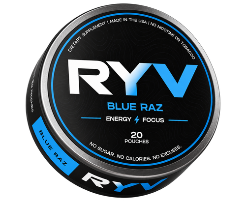 RYV Blue Raz caffeine pouch tin